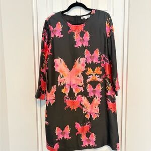 Pure Silk Butterfly Print Dress in Black and Pink